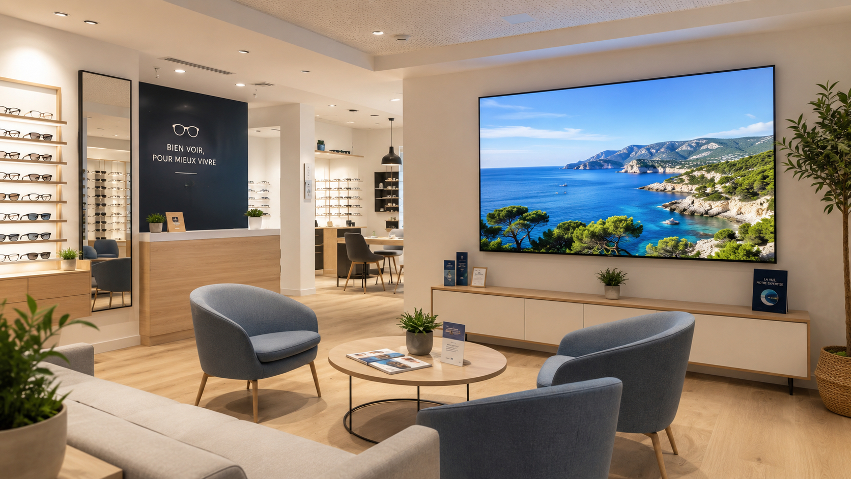 Espace d'attente d'un opticien en PACA avec écran WaitShow affichant un paysage lumineux