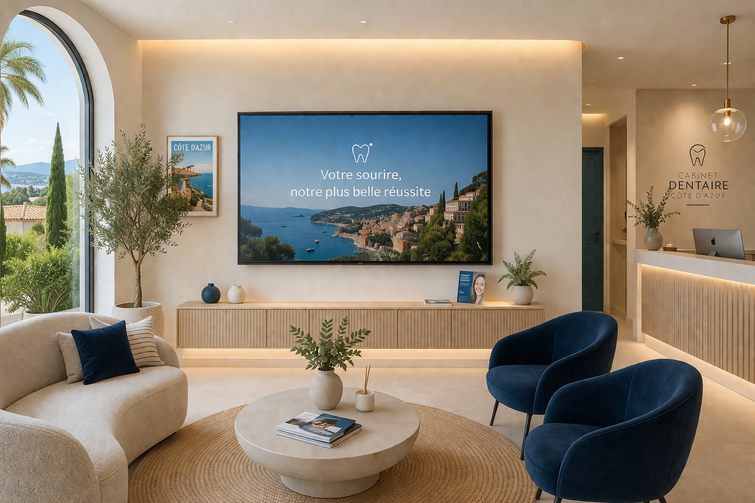 Salle d'attente moderne d'un cabinet dentaire en Provence avec écran WaitShow