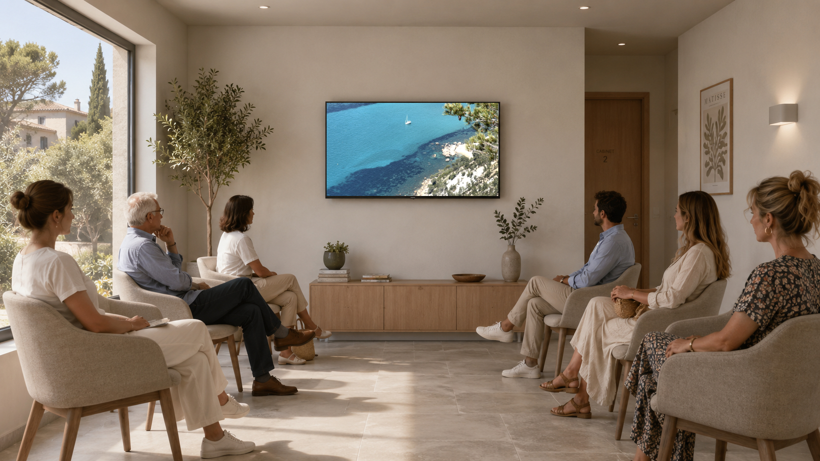 Salle d'attente d'un cabinet médical en Provence avec écran WaitShow diffusant un paysage apaisant