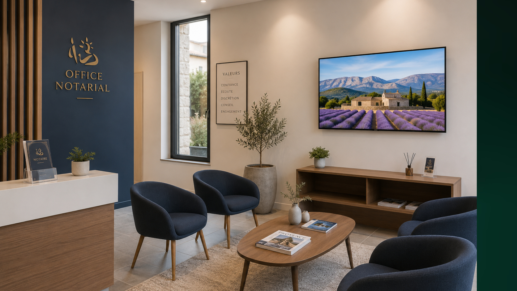 Salle d'attente sobre d'une étude notariale en Provence avec écran WaitShow