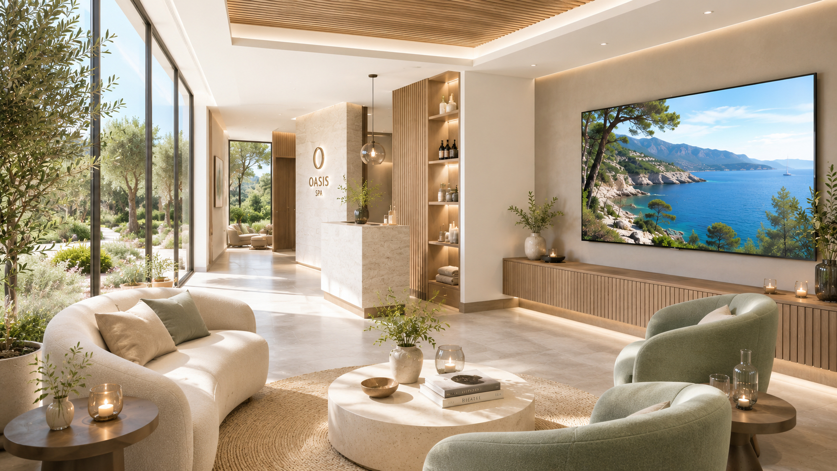 Espace d'accueil d'un spa premium en Provence avec écran WaitShow affichant un paysage naturel